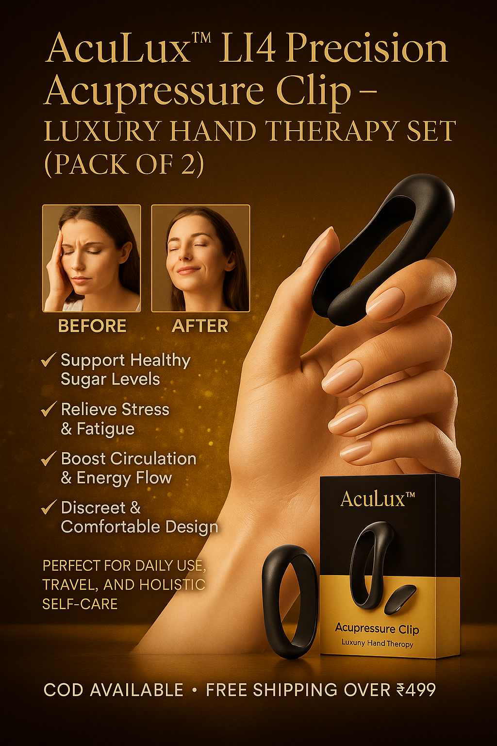 AcuLux™ LI4 Precision Acupressure Clip – Luxury Hand Therapy Set (Pack of 2)